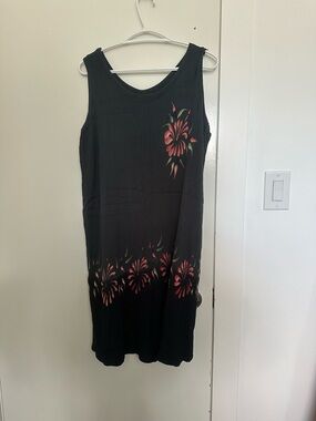 Black Floral Sleeveless Midi Dress - Pink Flower Detail